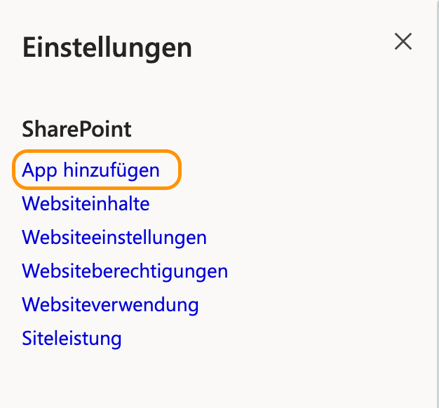 app in sharepoint über die einstellungen hinzufügen, screenshot